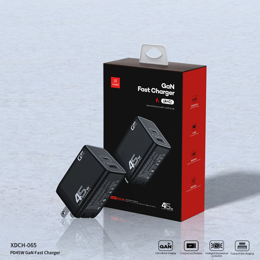 XUNDD XDCH-065 GaN Power Adapter Type-C+USB-A Dual Port 45W Fast Charging Block XUNDD XDCH-065 GaN Power Adapter Type-C+USB-A Dual Port 45W Fast Charging Block